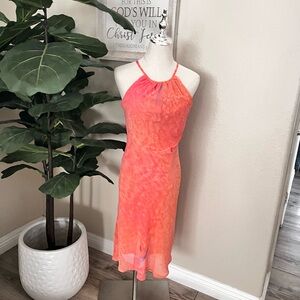 COCO Coral Halter Midi Dress | Sheer Overlay | Summer Party Dress